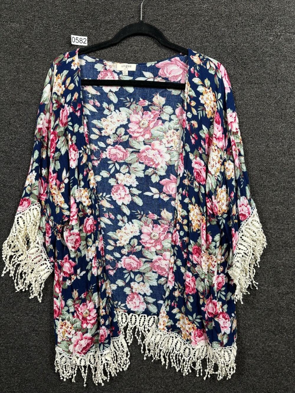 UMGEE Kimono Women M/L Blue Floral Open Front Tassel Boho Tapestry Chic Colorful